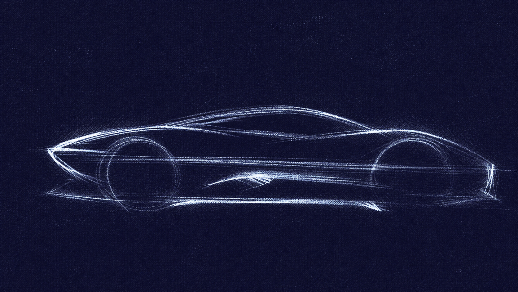 White concept sketch of a low sports car on a deep indigo field.